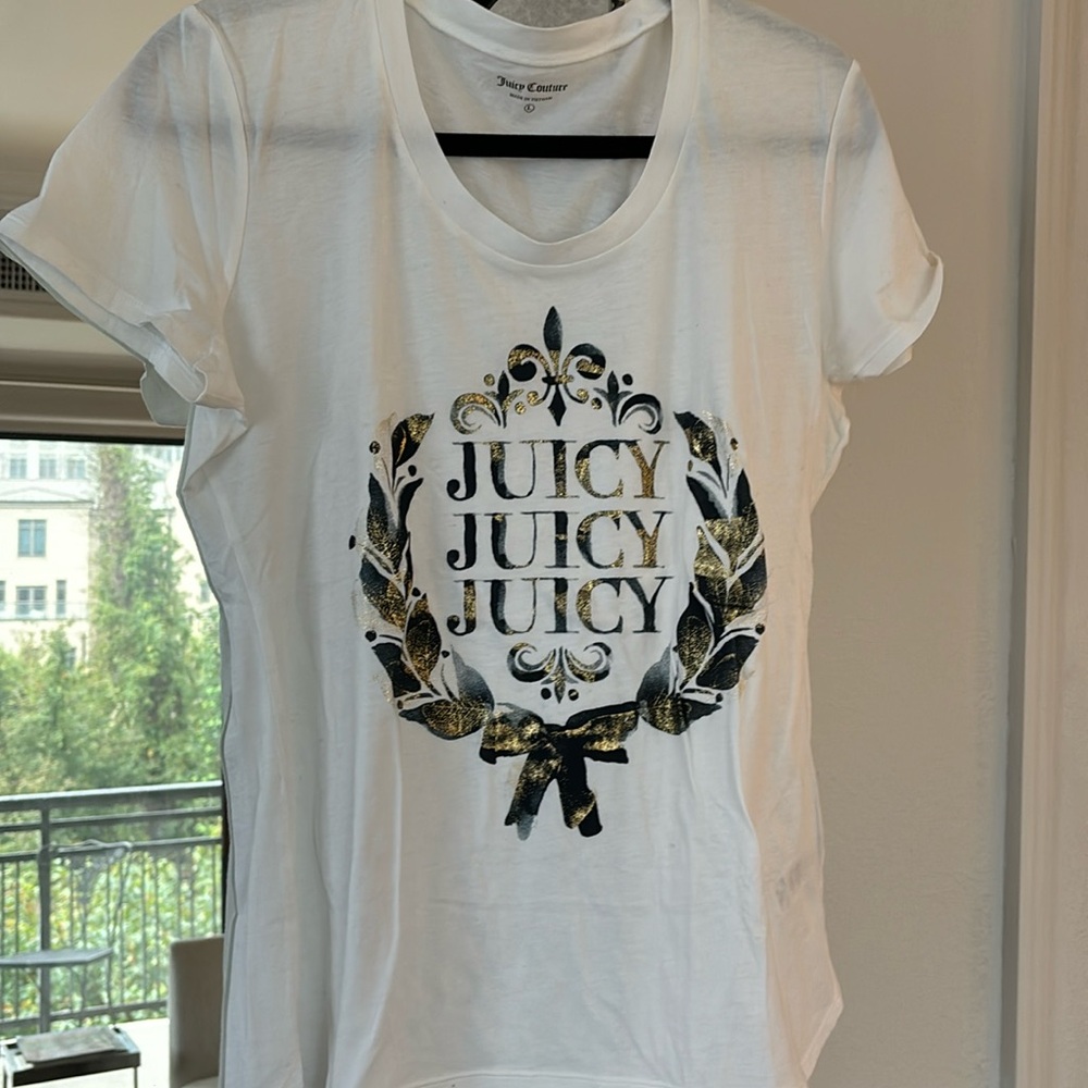 Juicy Couture White Short Sleeve Tee with Black and Gold Crest